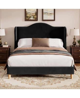 Velvet Wingback Upholstered Platform Bed Frame with Tall Gothic Headboard Sturdy Wooden Slats for Bedroom