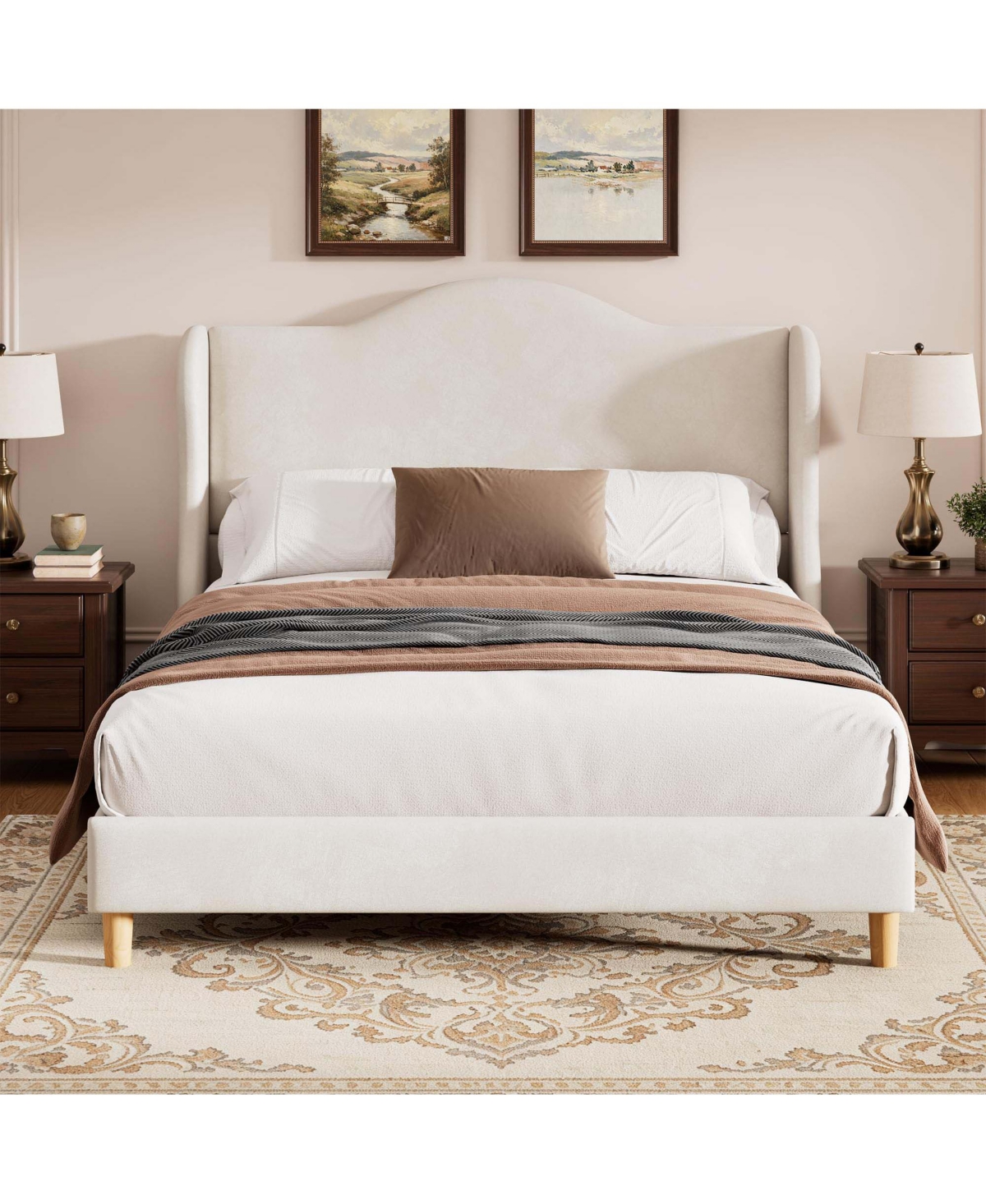 homfan Velvet Wingback Upholstered Platform Bed Frame with Tall Gothic Headboard Sturdy Wooden Slats for Bedroom