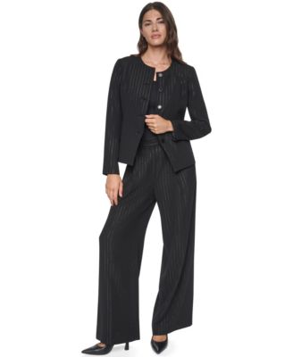 Women's Nailhead Pinstripe Collarless Button-Front Jacket and Pinstripe Wide-Leg Trousers