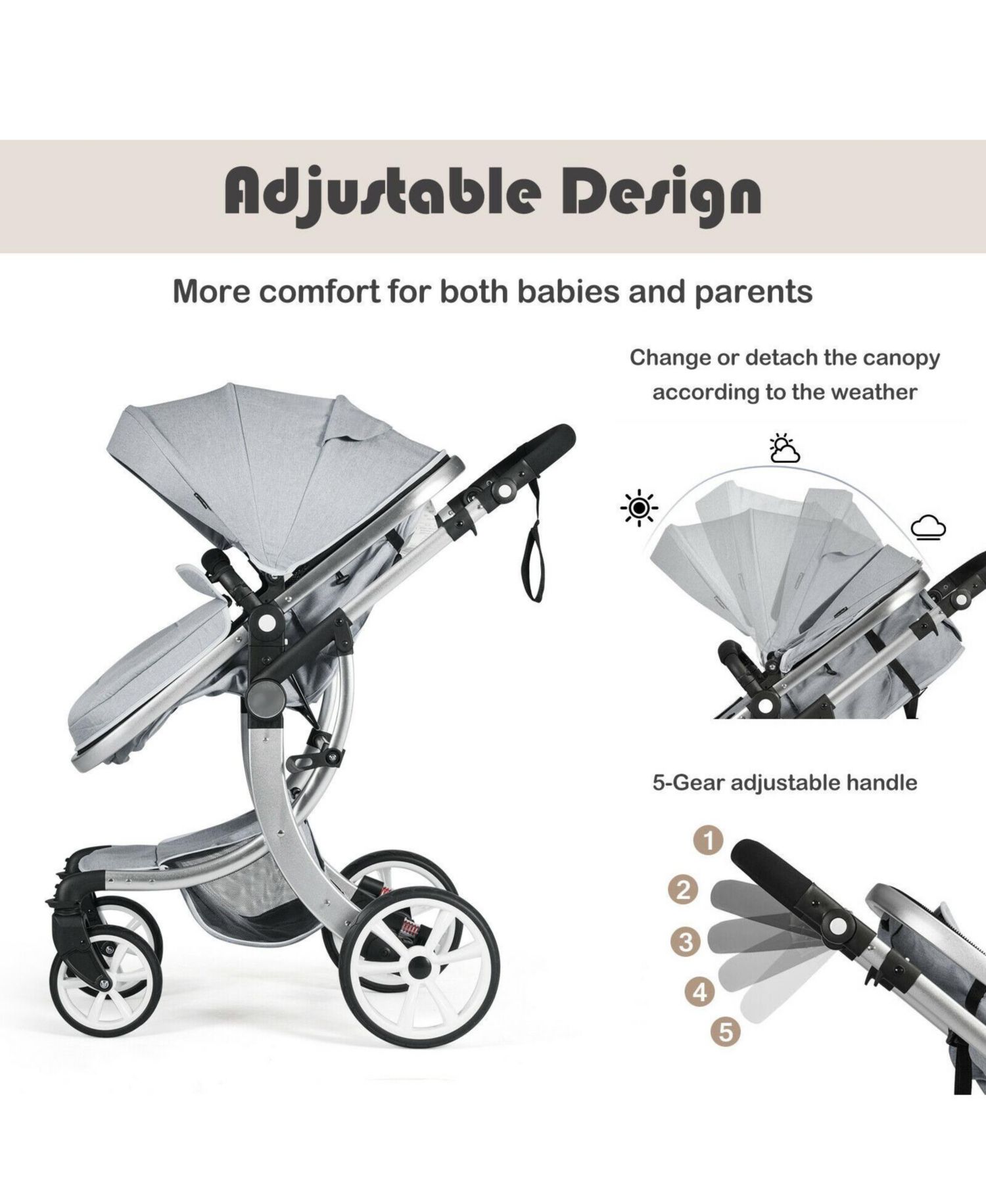 Folding Aluminum Infant Reversible Stroller with Diaper Bag