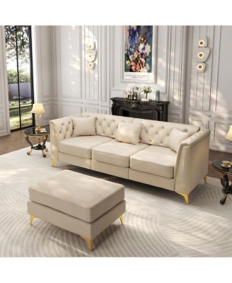 81.5" Modern 3-Seater Tufted Faux Leather Chesterfield Sofa with Pillows