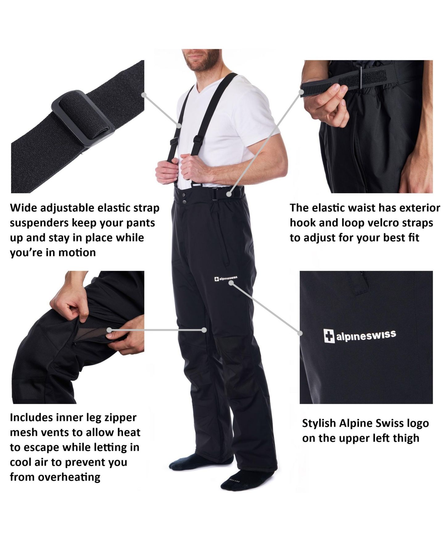 Мужские брюки Alpine Swiss Waterproof Snowboard Ski Snow with Removeable Suspenders, цвет: Чёрный — фото 4
