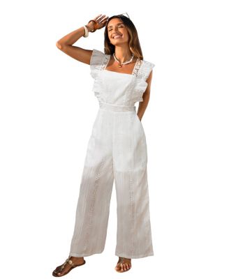 Women's Wide-Leg Flutter-Sleeve Eyelet Jumpsuit