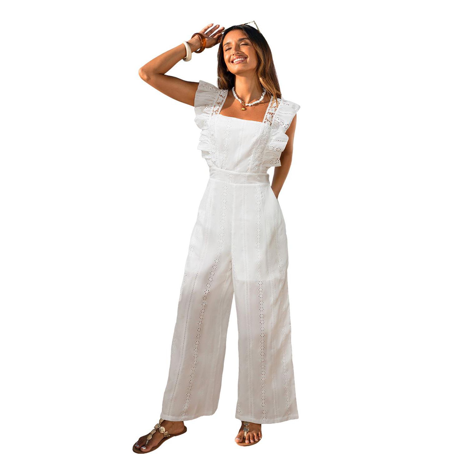 Women's Wide-Leg Flutter-Sleeve Eyelet Jumpsuit