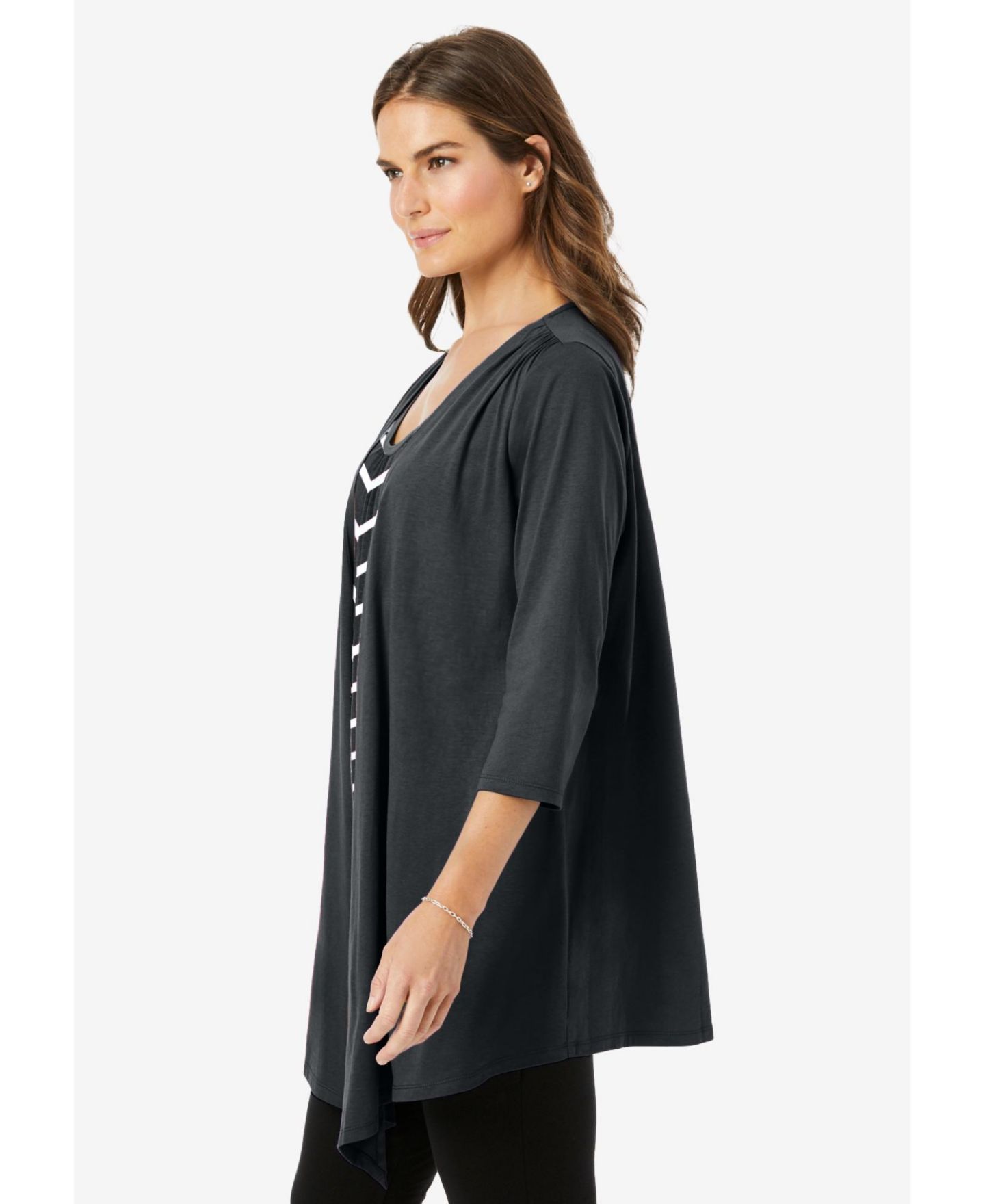 Женский топ Woman Within Plus Size 7-Day Layered 2-In-1 Tunic, цвет: Чёрный полосатый — фото 3