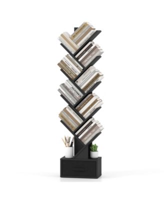 9-Tier Tree Bookshelf with Drawer, Floor Standing Bookcase for Narrow Space
