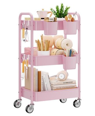 3 Tier Metal Rolling Utility Cart Heavy Duty Storage With Wheels Hooks And Hanging Cups
