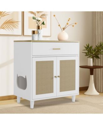 Hidden Cat Litter Box Furniture with Sisal Doors and Storage Drawer, White Enclosed Cabinet