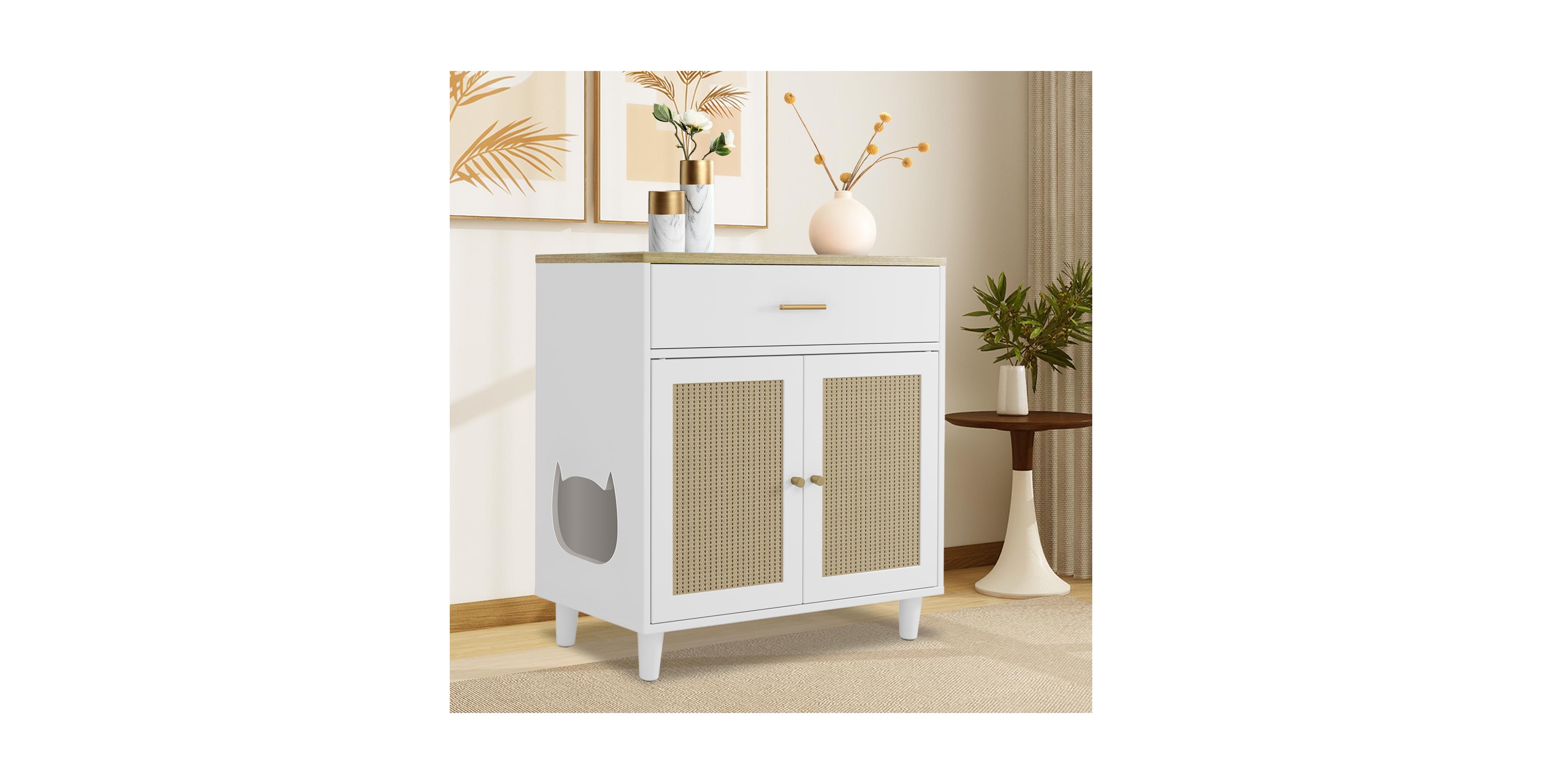 Lalfpet Hidden Cat Litter Box Furniture with Sisal Doors and Storage Drawer, White Enclosed Cabinet