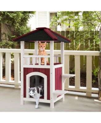 2-Story Wooden Cat House with Asphalt Roof and Balcony