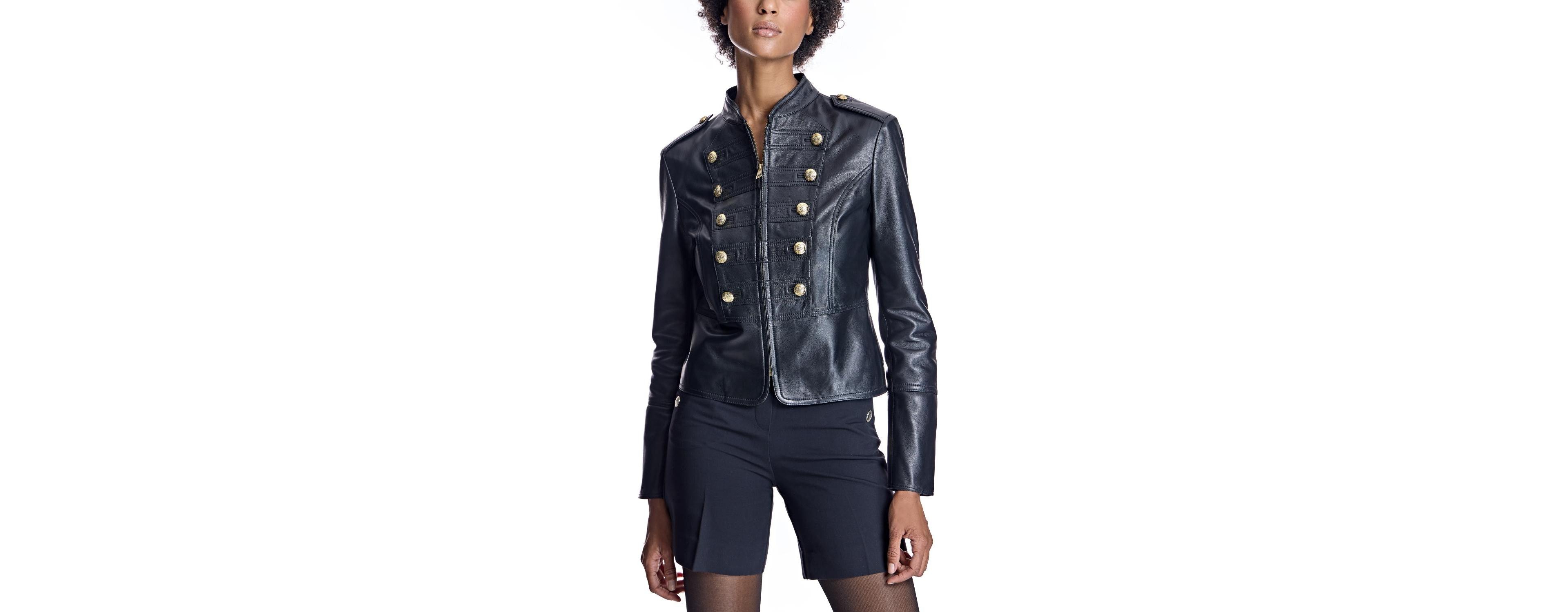 Julia & Stella By Maximilian Women's Military Mandarin Collar Leather Jacket