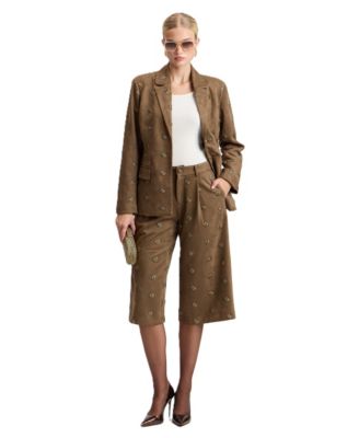 Women's Hourglass Embellished Fitted Blazer and High-Waist Wide-Leg Culotte 