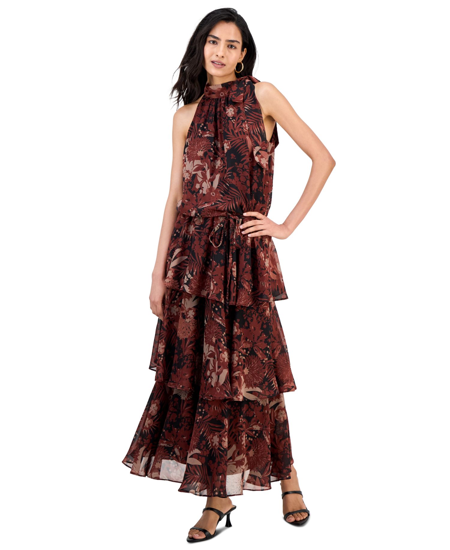 Women's Tie-Neck Blouson Tiered Maxi Dress