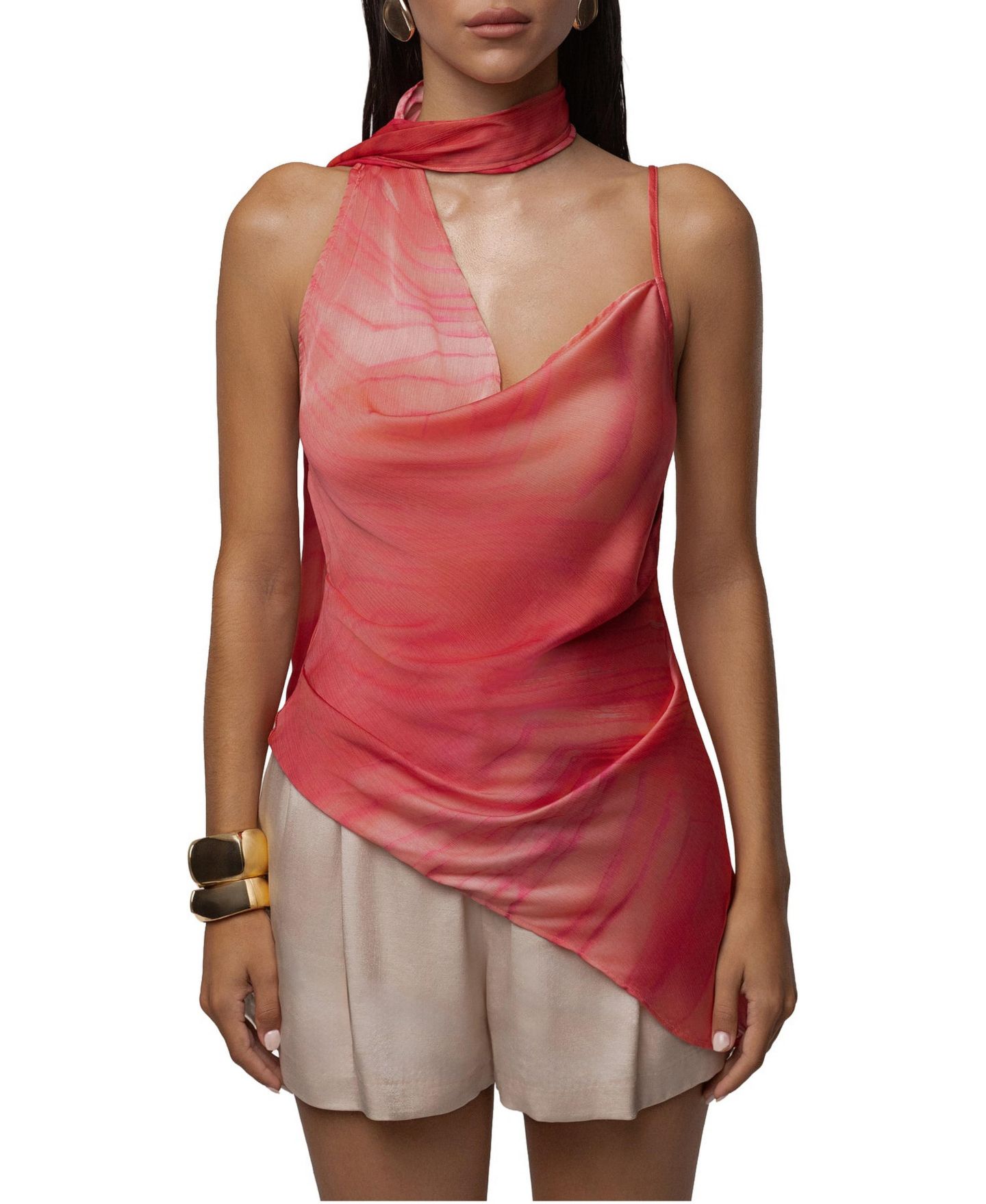 Женский топ JLUXLABEL Selene Cowl-Neck Asymmetrical-Hem, цвет: Коралловый — фото 1