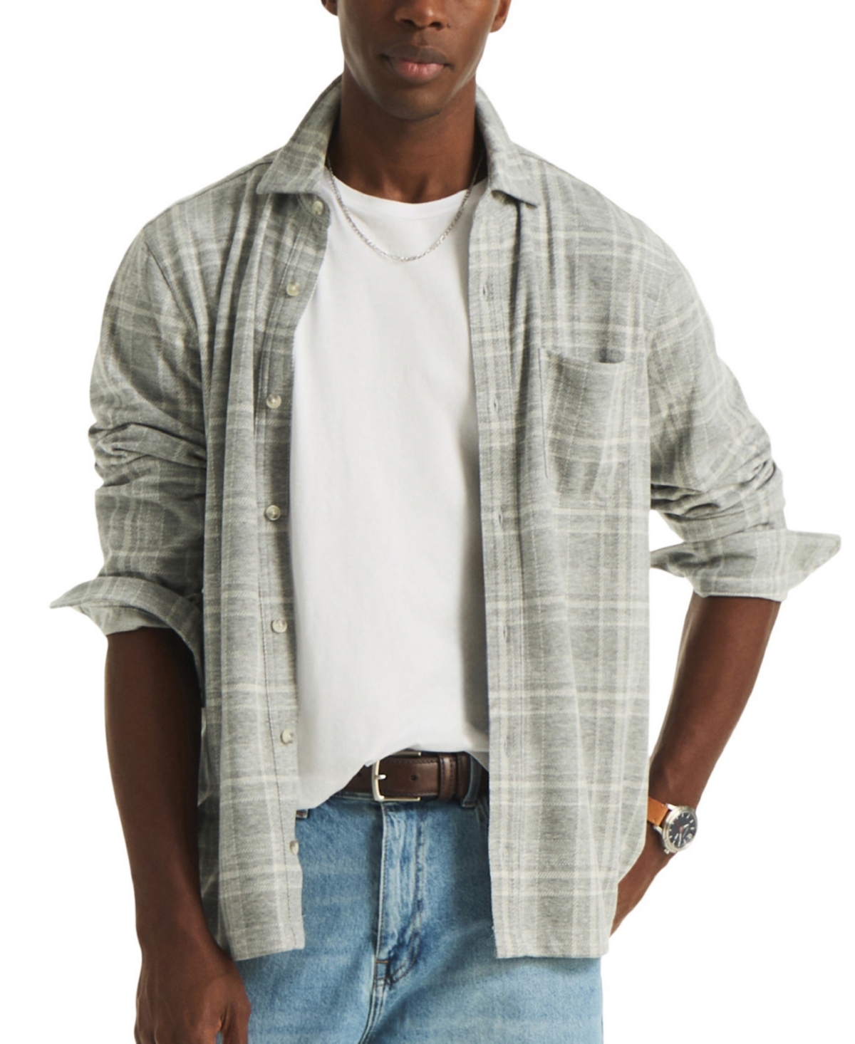 Nautica Men's Plaid Knit Boxy Button-Down Shirt - Gray Heather