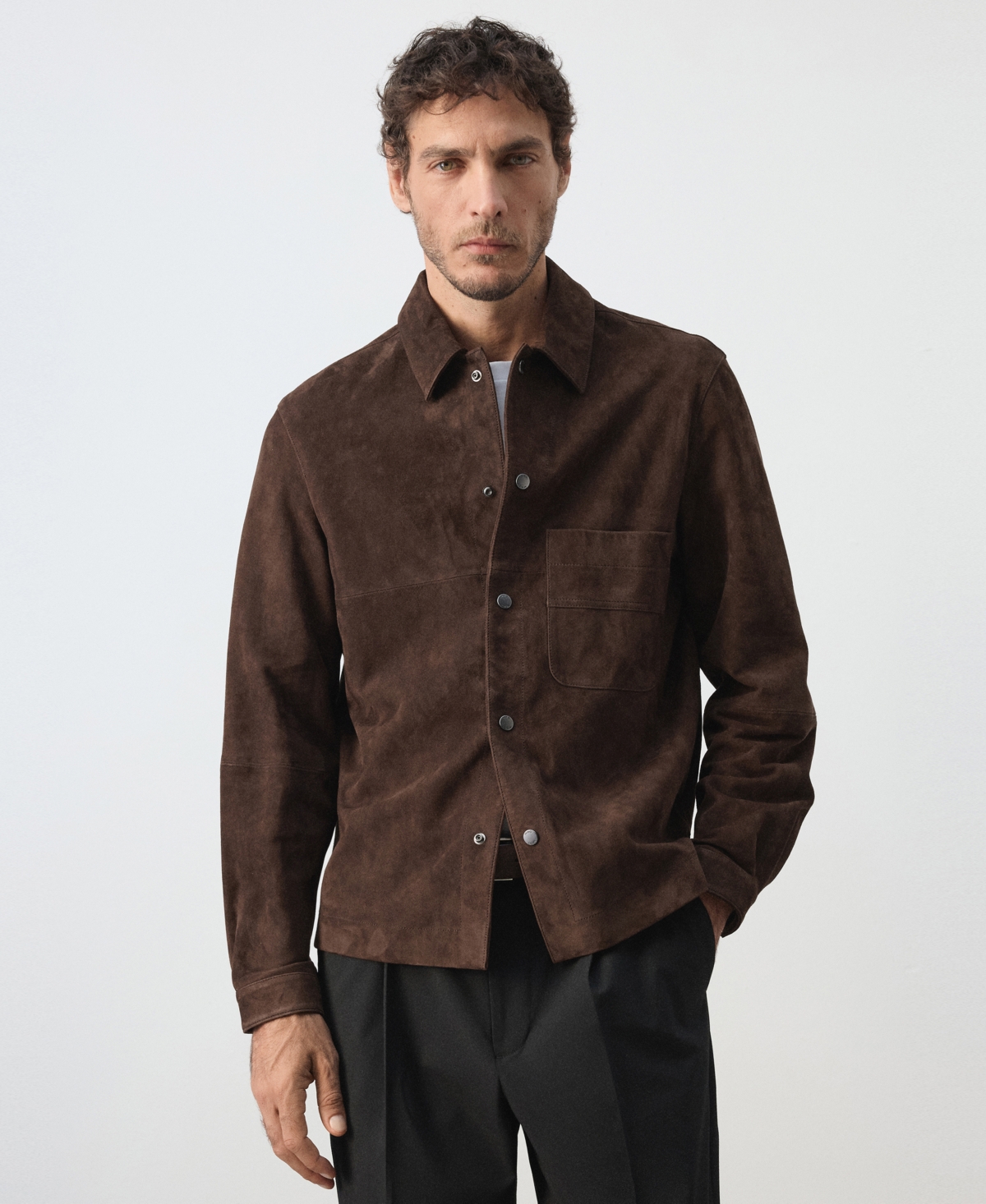 Mango Men's Leather Shirt Jacket with Patch Pocket