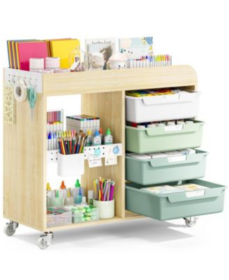 4 Drawer Rolling Craft Storage Cart With Wooden Top Open Shelves Lockable Wheels