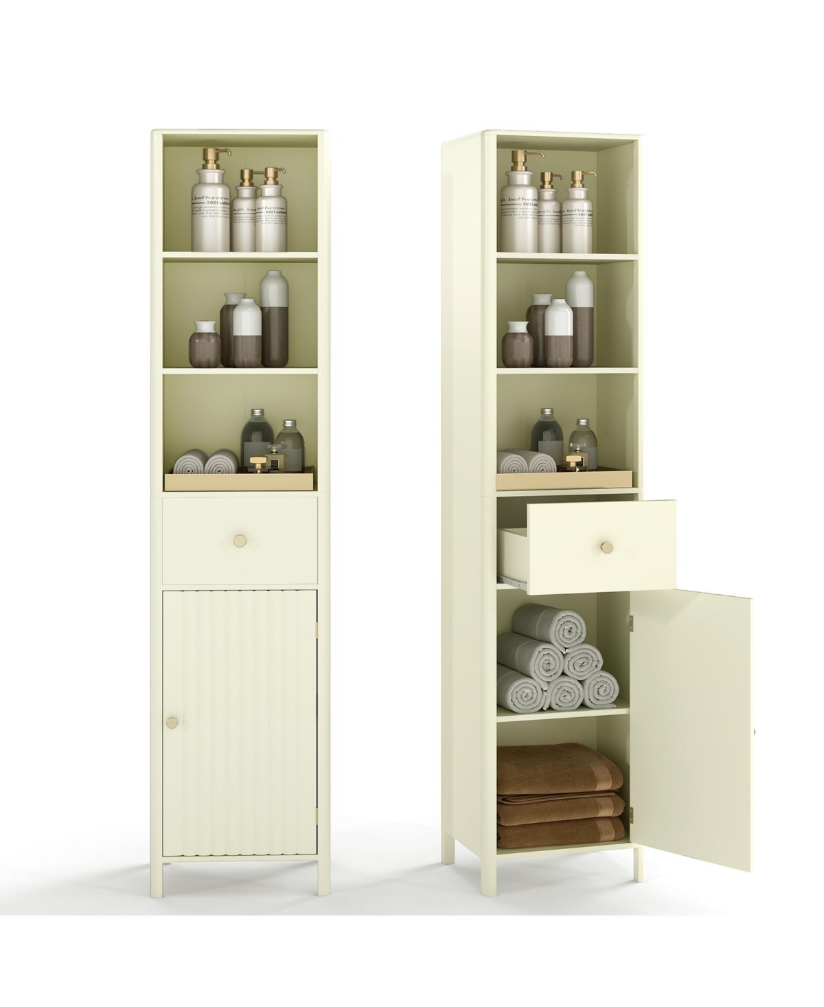 Sugift 67-Inch Tall Narrow Bathroom Floor Cabinet with Fluted Door - Beige