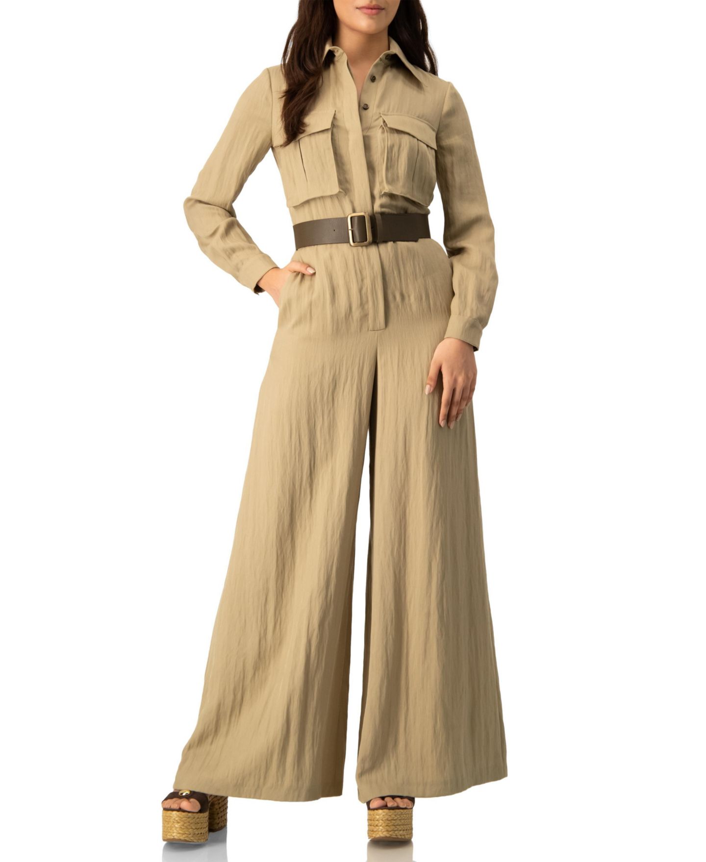 Женский комбинезон Ivonne Long Sleeve Button-Front Safari Utility Wide-Leg Jumpsuit, цвет: Хаки — фото 1