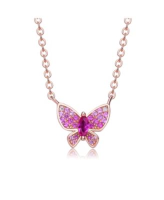 Sterling Silver 18k Rose Gold Plated with Red and cubic Zirconia Pave Small Butterfly Pendant Layering Necklace