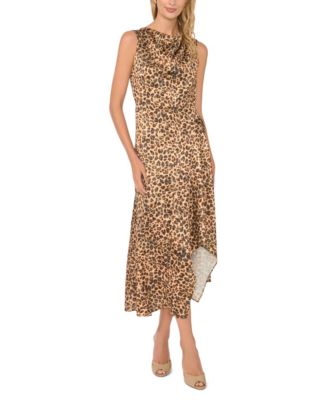 Women's Leopard-Print Cowl Neck Asymmetrical Midi Dress