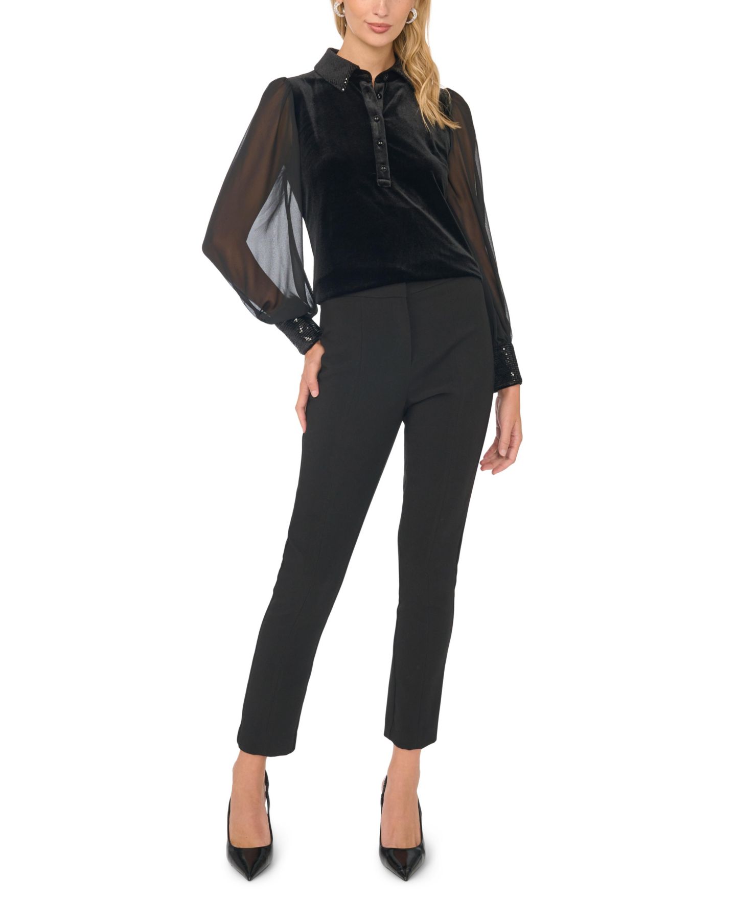 Женская блузка Vince Camuto Embellished Velvet Button-Down, цвет: Насыщенный чёрный — фото 2