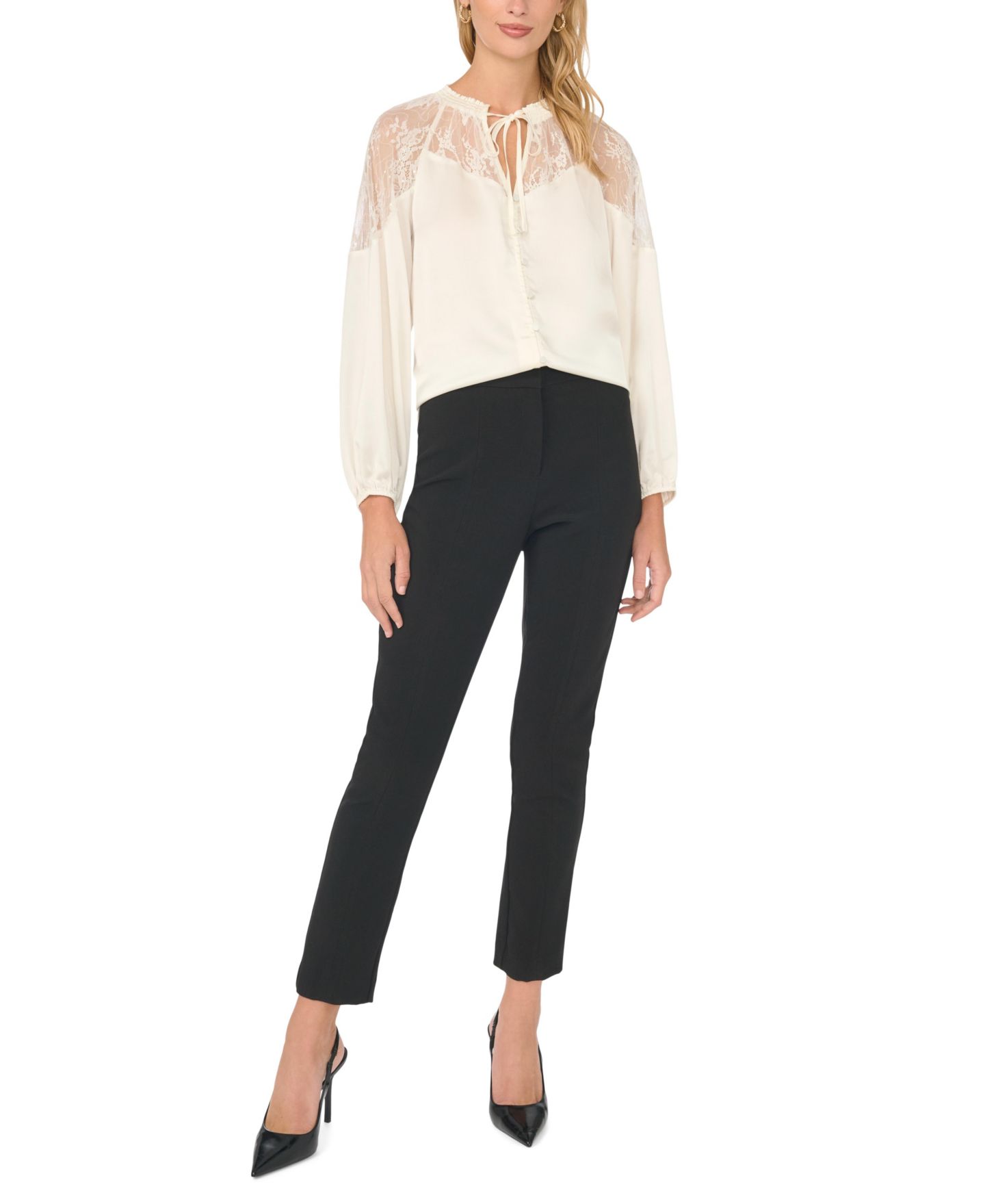 Женская блузка Vince Camuto Lace-Insert Ruffle Long-Sleeve, цвет: Слоновая кость — фото 2
