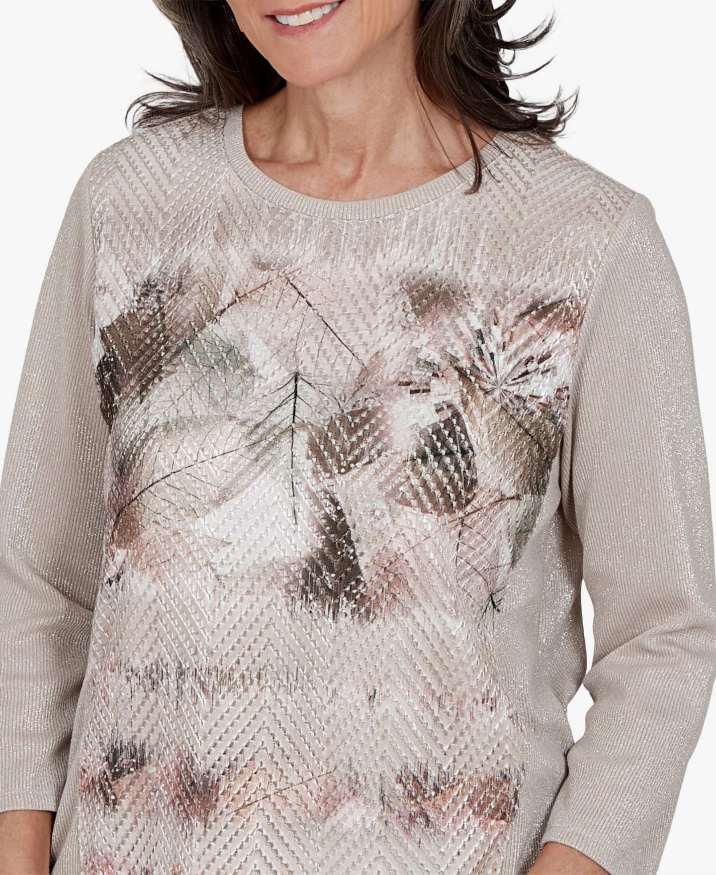 Женский топ Alfred Dunner Floral-Print 3/4-Sleeve Crewneck, цвет: Серо-бежевый — фото 4