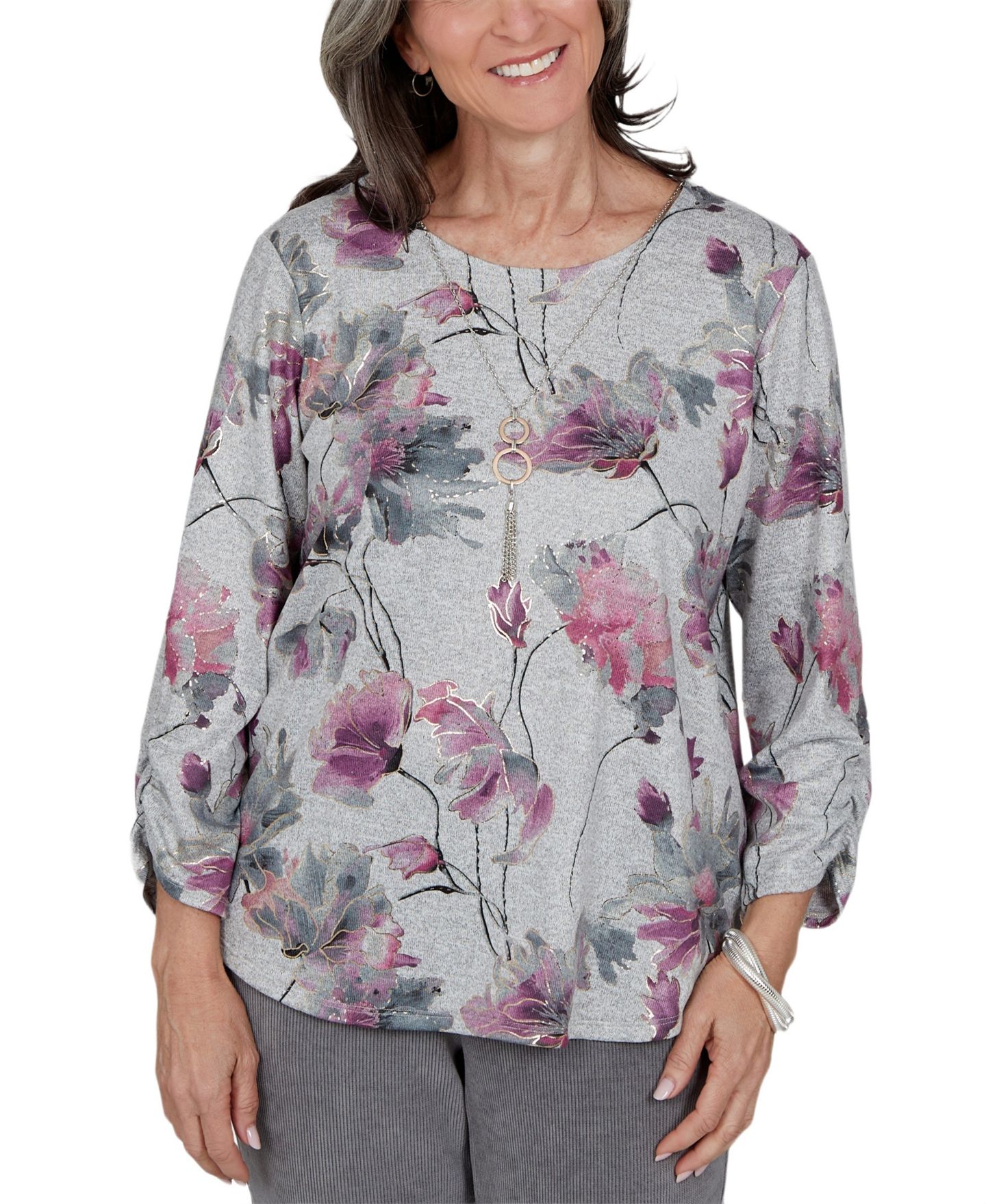 Женская блузка Alfred Dunner Floral-Print 3/4-Sleeve Ruched, цвет: Серый — фото 1