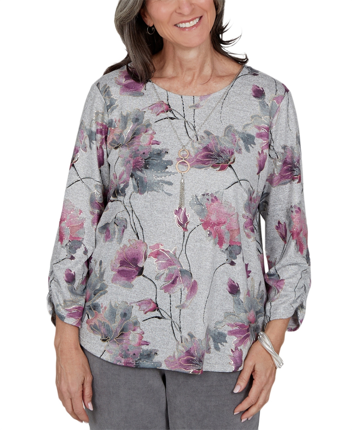 Alfred Dunner Women's Floral-Print 3/4-Sleeve Ruched Blouse