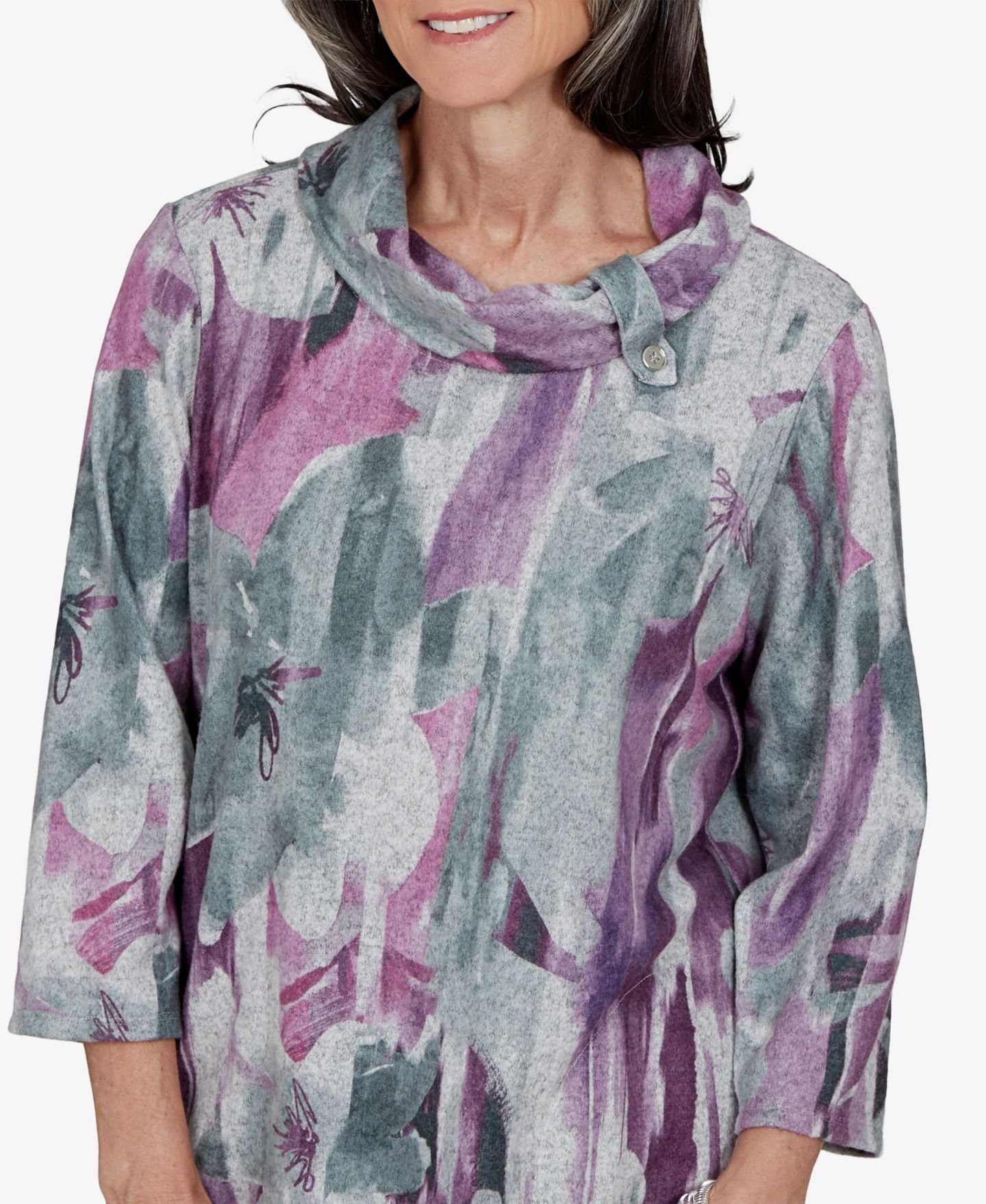 Женский топ Alfred Dunner Cowl Neck 3/4-Sleeve Floral-Print, цвет: Серый — фото 4