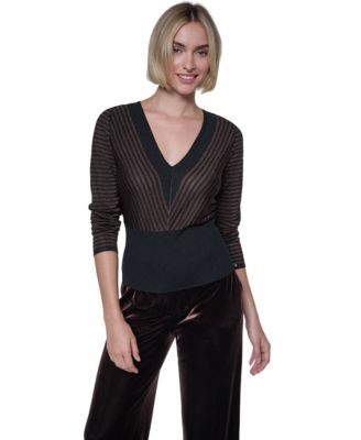 Women's Lurex Stripe V-Neck Fitted Pullover