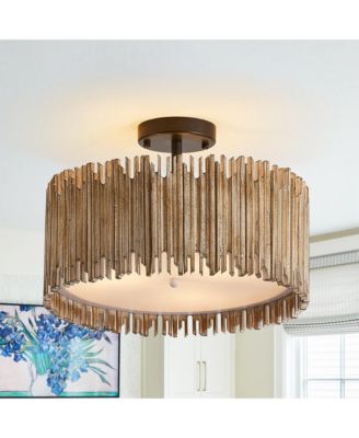 15.5" Farmhouse Distressed 3-Light Wood Drum Semi-Flush Mount Ceiling Light
