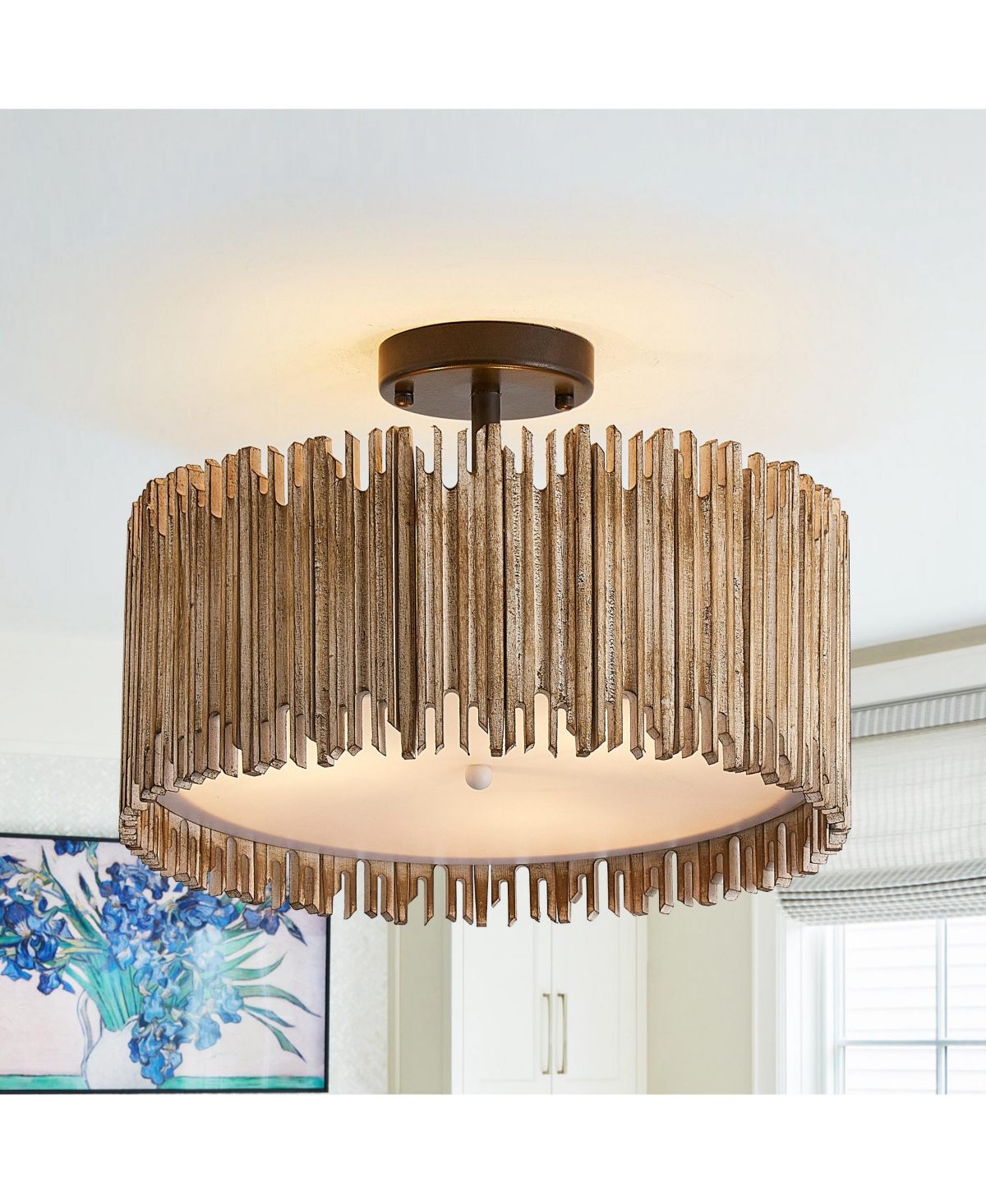 Parrot Uncle 15.5" Farmhouse Distressed 3-Light Wood Drum Semi-Flush Mount Ceiling Light