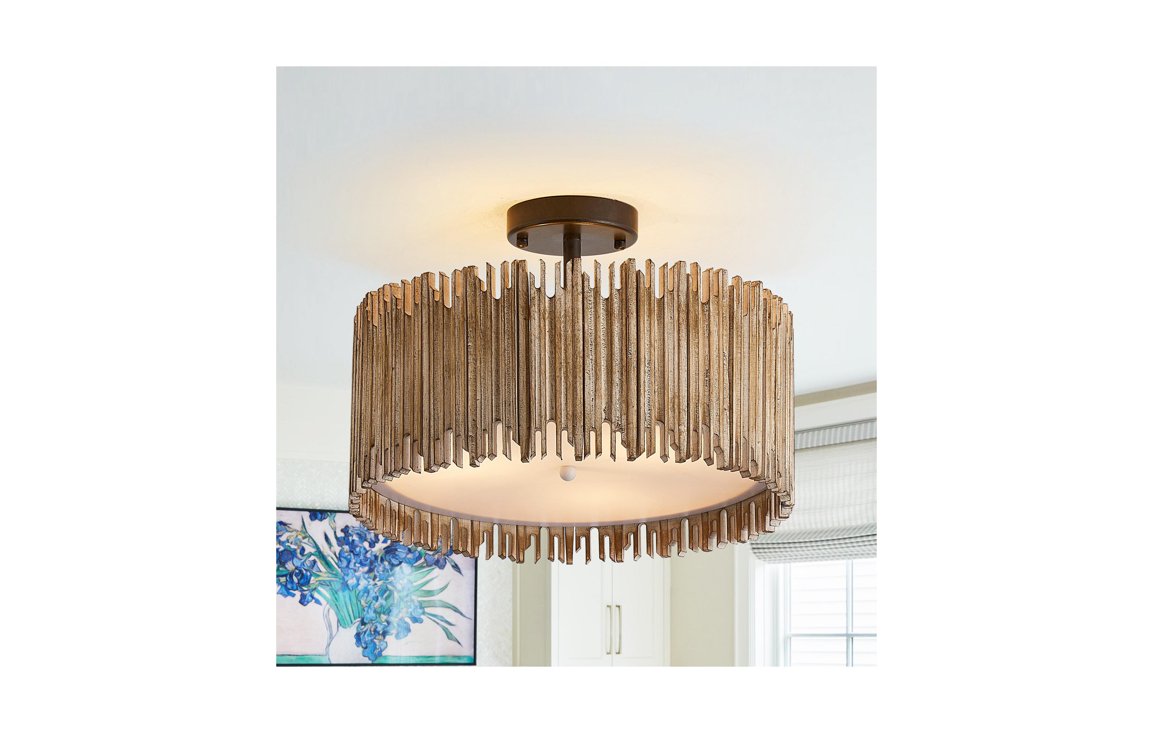 Parrot Uncle 15.5" Farmhouse Distressed 3-Light Wood Drum Semi-Flush Mount Ceiling Light