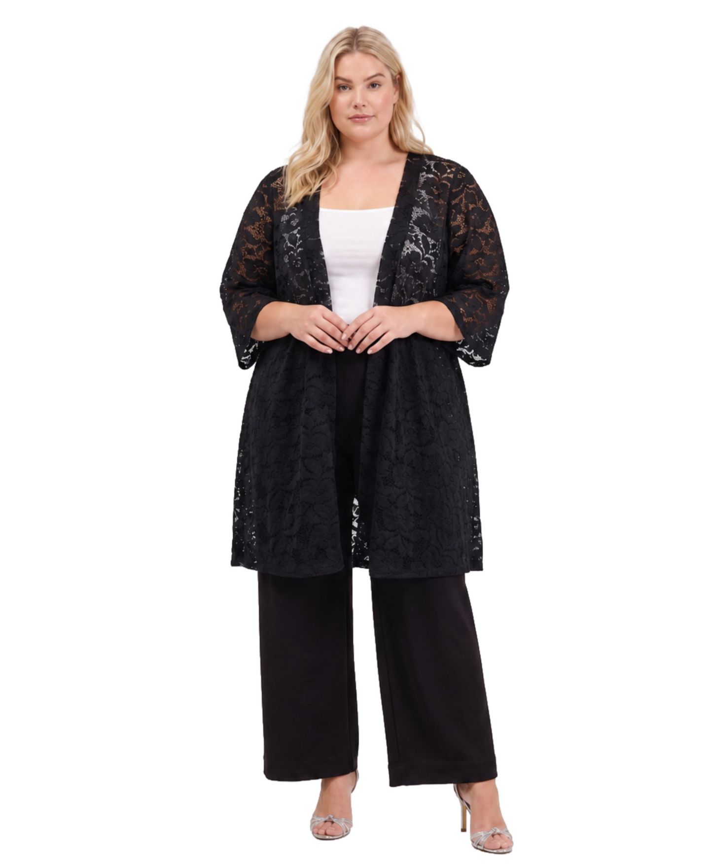 Женская куртка 24seven Comfort Apparel Plus Size Floral Lace Open-Front, цвет: Чёрный — фото 1