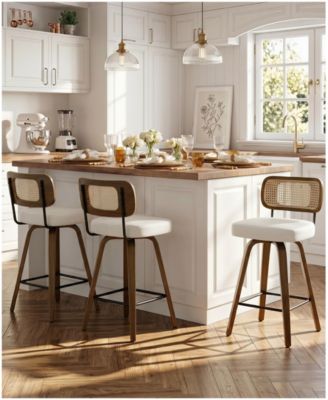 29" Mid-Century Swivel Bar Height Bar Stools, Rattan Back and Faux Leather Kitchen Stools