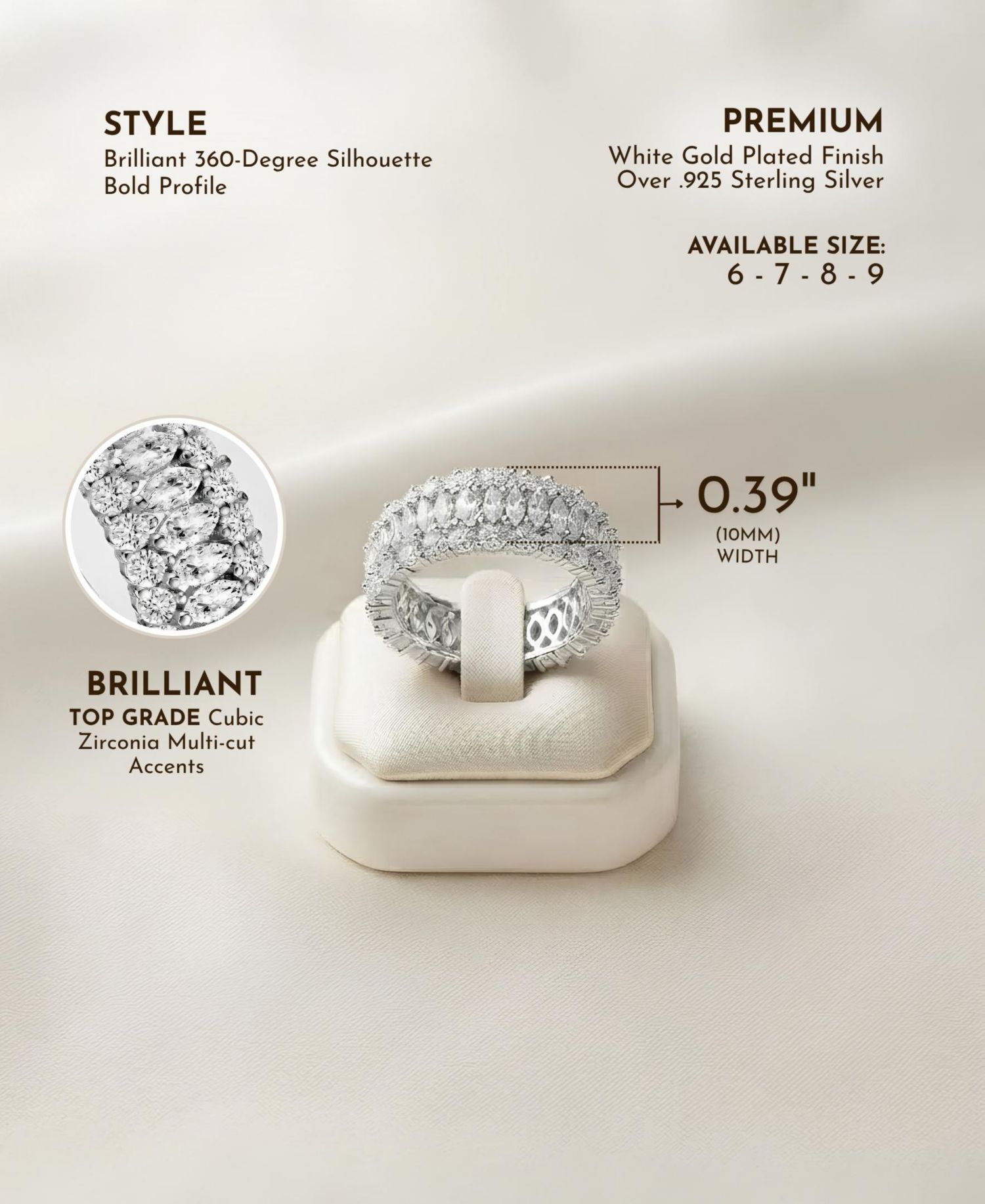 Sterling Silver White Gold Plated Brilliant 360-Degree CZ Ring