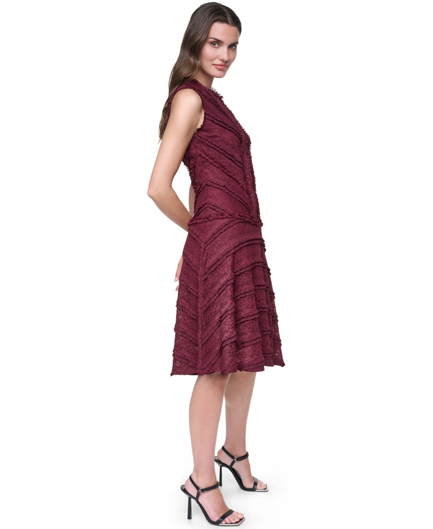 Women's Jewel Neck Ruffle Hem Fit-and-Flare Lace Dress