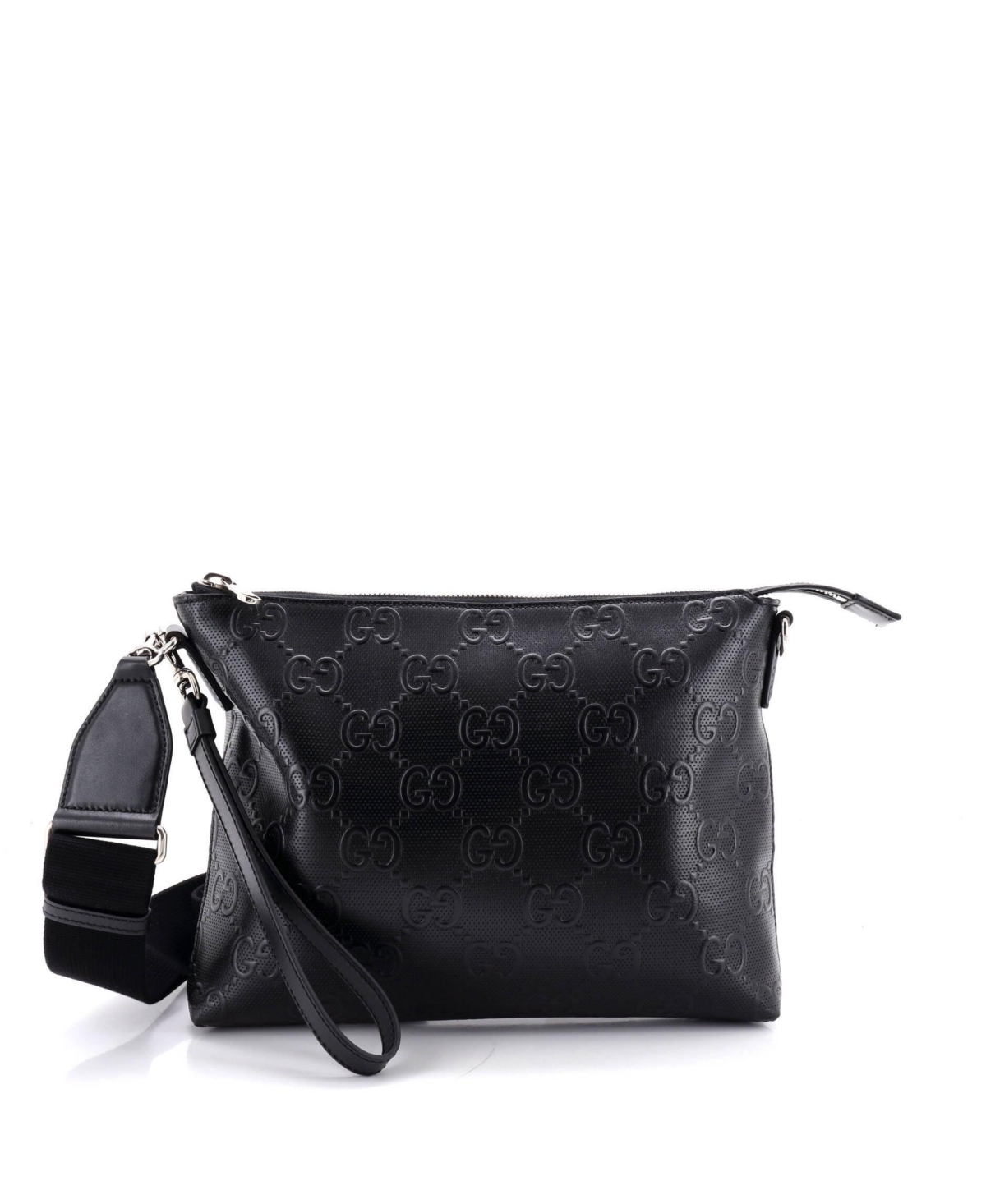 Pre-Owned Gucci Medium Convertible Messenger Bag Gg Embossed Perforated Leather - Black