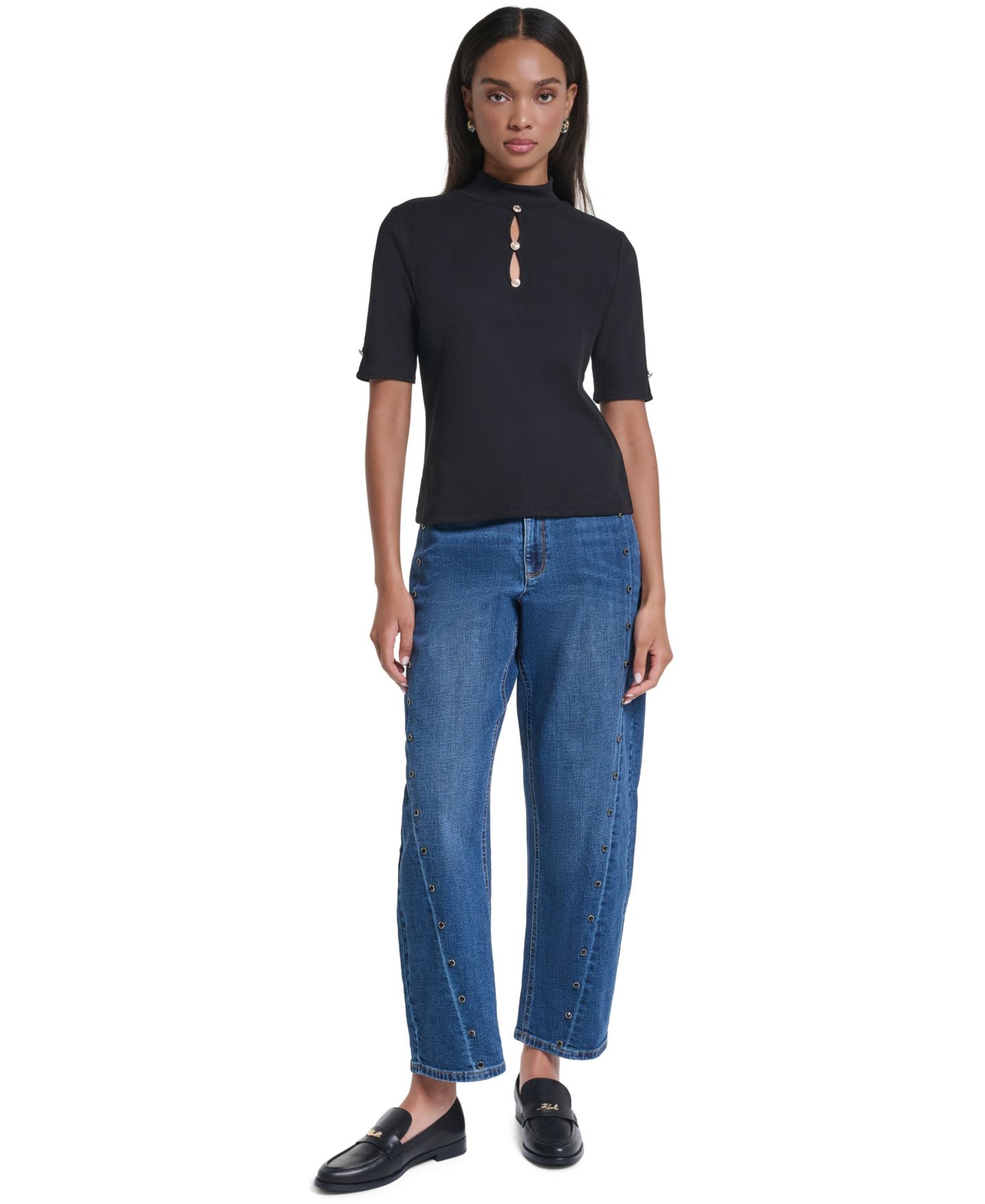 Женская блузка KARL LAGERFELD PARIS Mock Neck Short-Sleeve Keyhole, цвет: Чёрный — фото 2