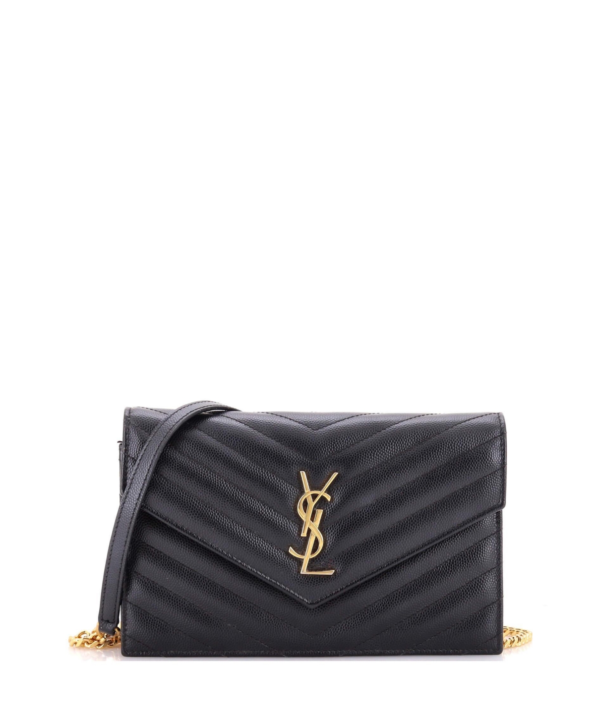 Pre-Owned Saint Laurent Small Classic Monogram Wallet on Chain Matelasse Chevron Leather - Black