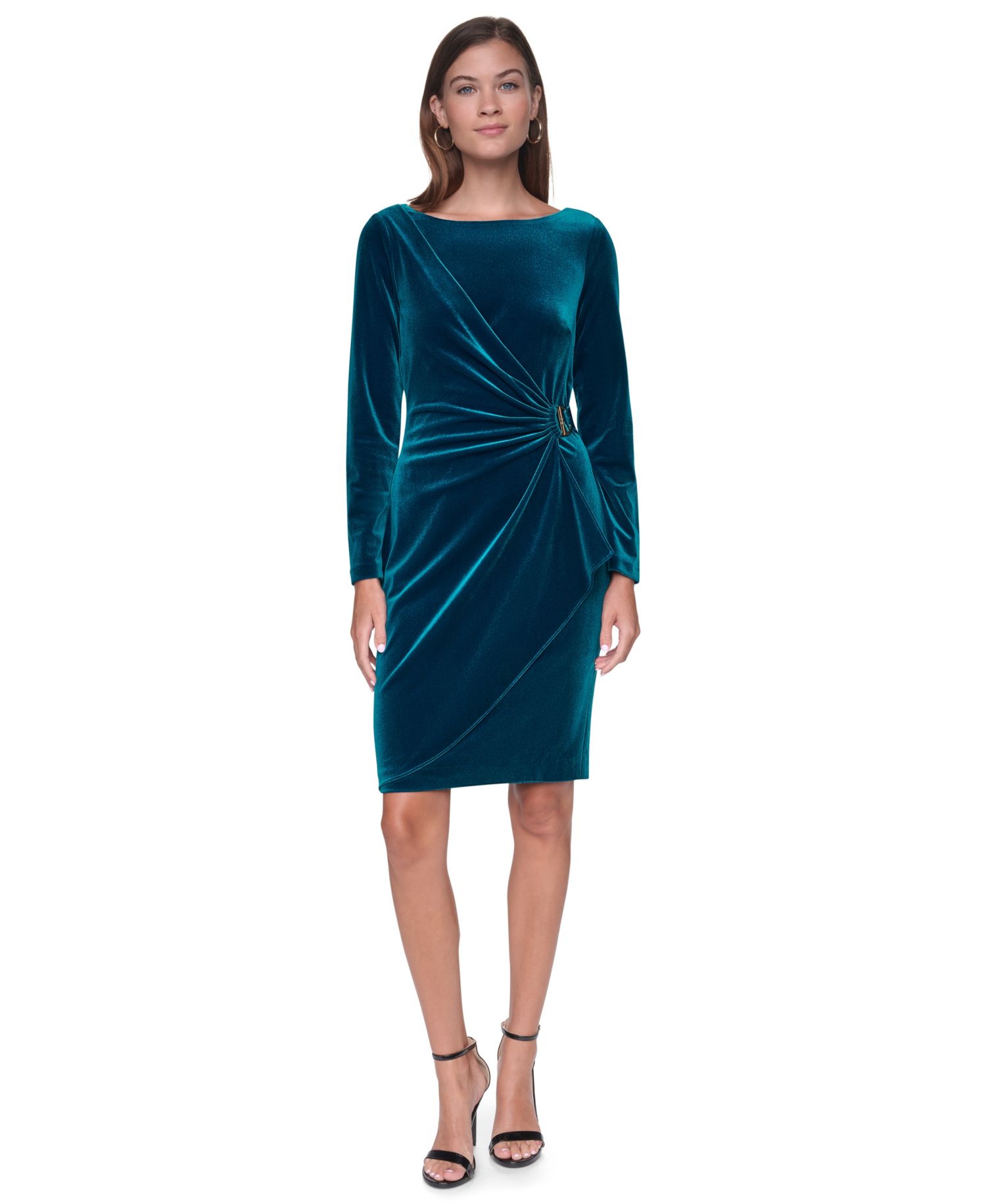 Plus Long-Sleeve Ruched Velvet Dress