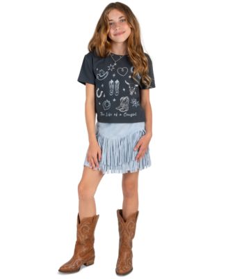 Girls' 7-20 Graphic Fringe Cropped T-Shirt, Skirt, and Necklace, 3-Piece Set