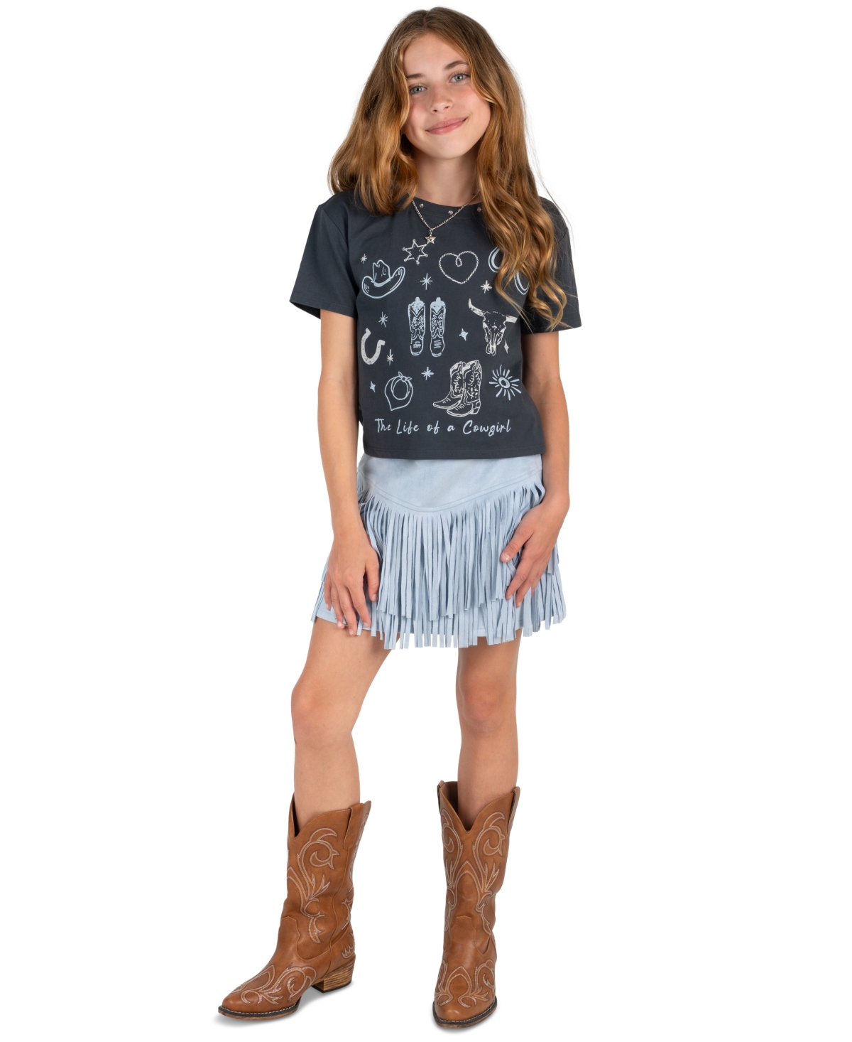 Tween Diva Girls' 4-16 Graphic Fringe Cropped T-Shirt, Skirt, and Necklace, 3-Piece Set