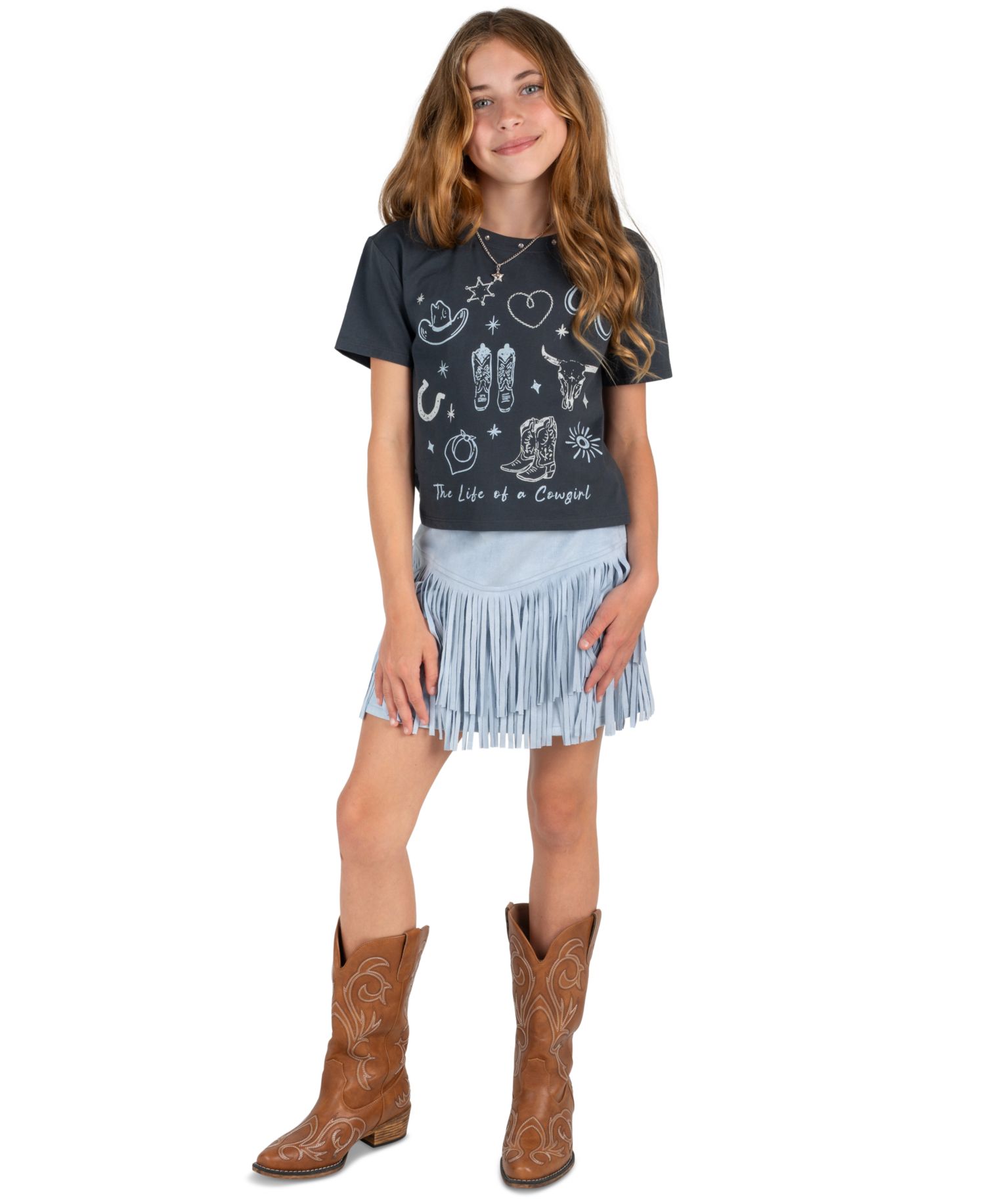 Girls' 7-20 Graphic Fringe Cropped T-Shirt, Skirt, and Necklace, 3-Piece Set