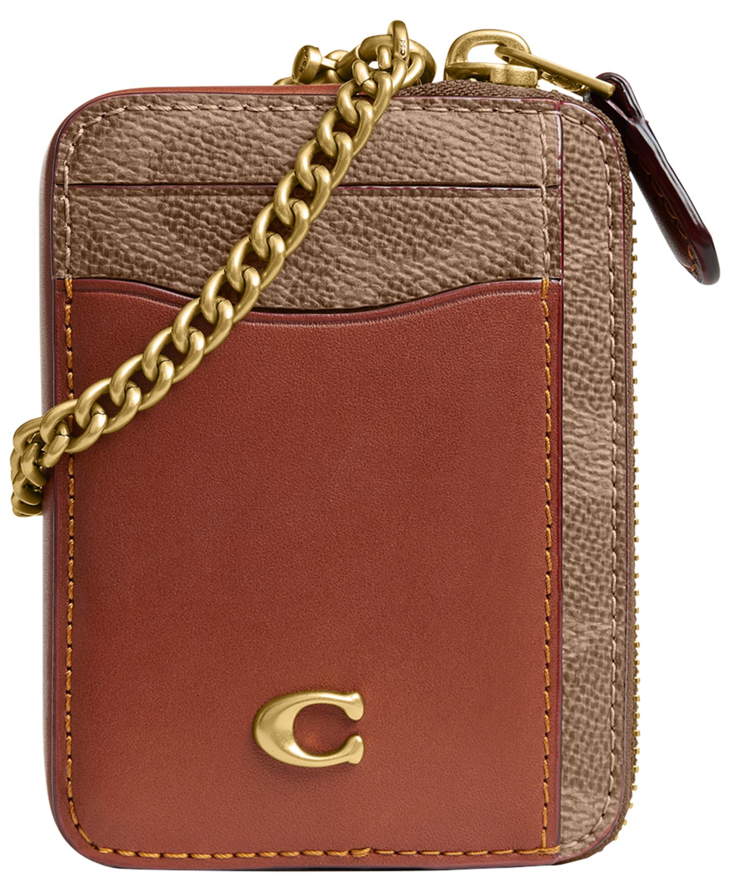 Футляр для карт Coach Essential из кожи с фирменным узором и цепочкой, цвет: Латунный / Карамельный — фото 1