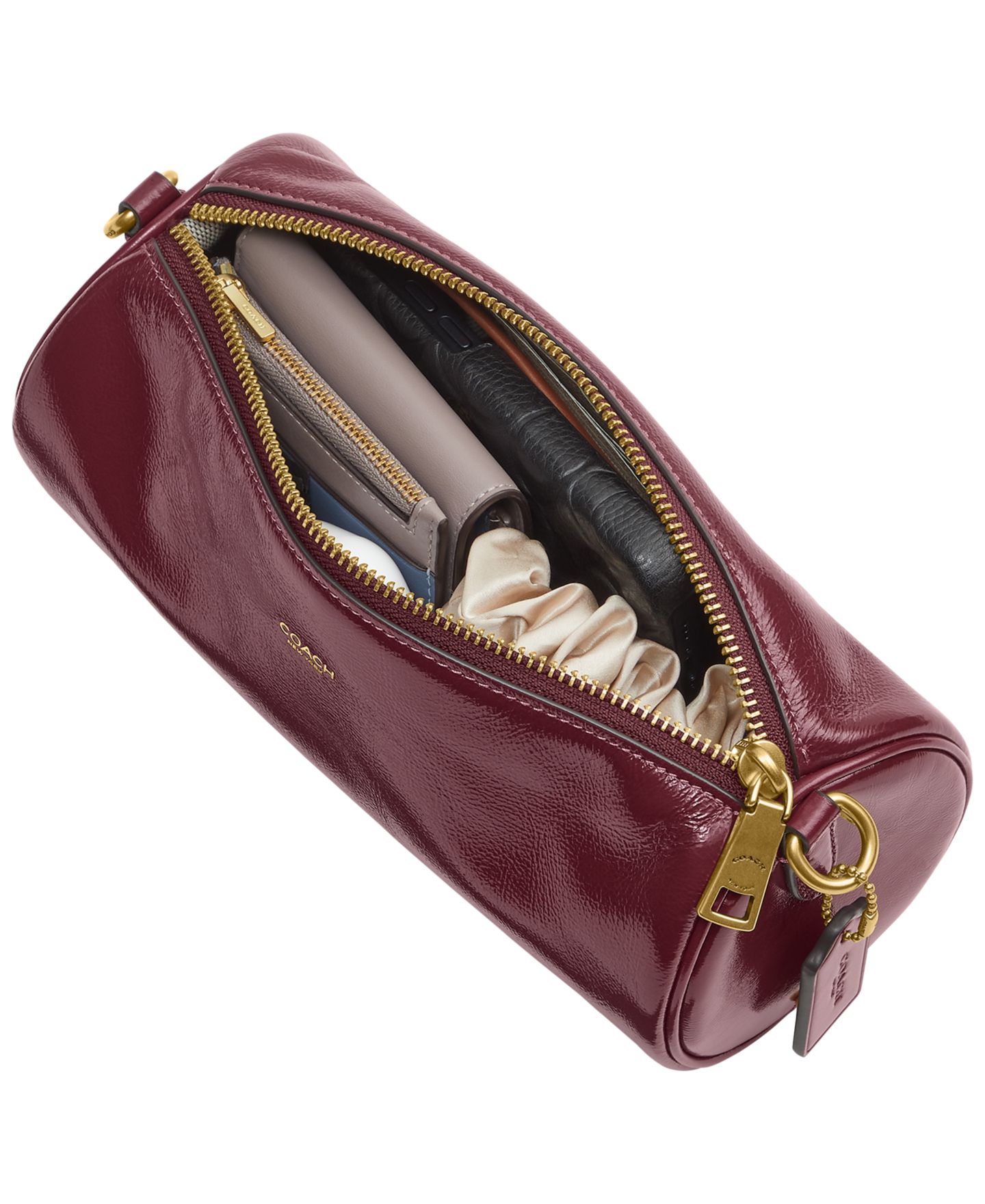 Женская сумка COACH Barrel Small Glazed Leather Slim Shoulder, цвет: Латунный / Тёмный вишнёвый — фото 4
