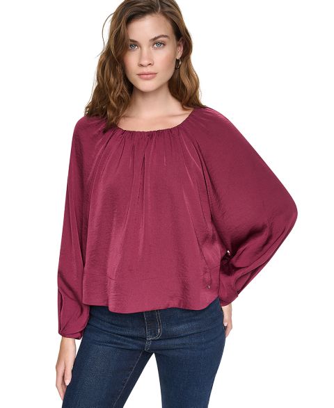 Женская блузка DKNY Jeans Shirred Boat Neck Long-Sleeve Raglan Blouse, цвет: Бордово-красный