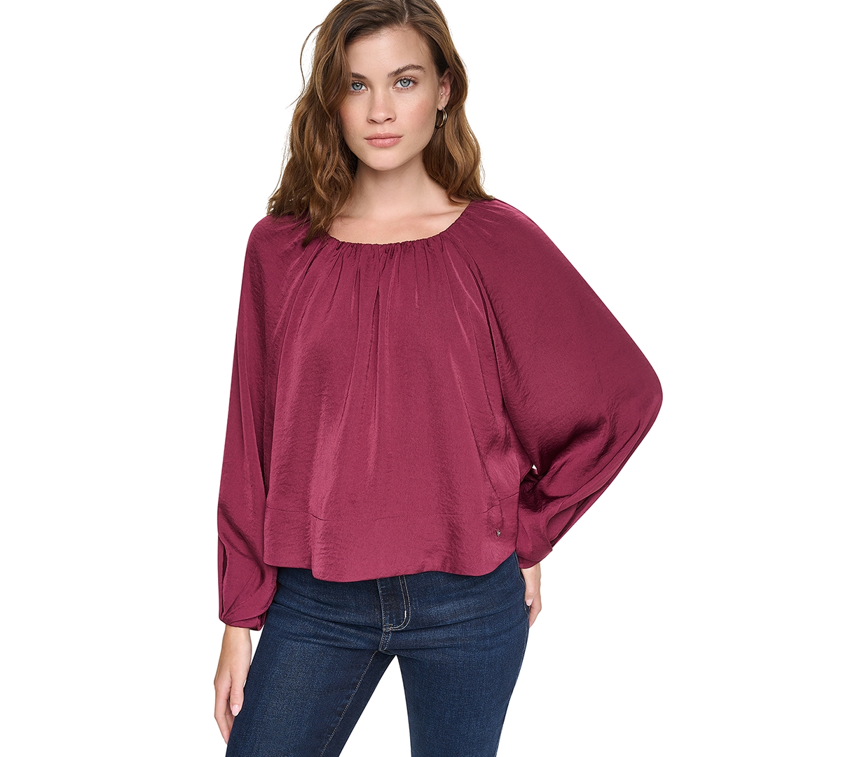 Dkny Jeans Women's Shirred Boat Neck Raglan Long-Sleeve Top